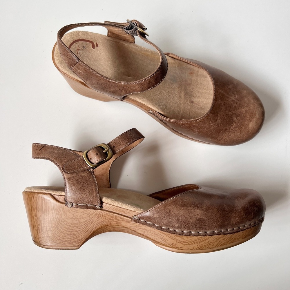 Dansko Mary Jane Clogs Size 40 Tan Brown Leather Platform Sandals Chunky Boho - Picture 8 of 10